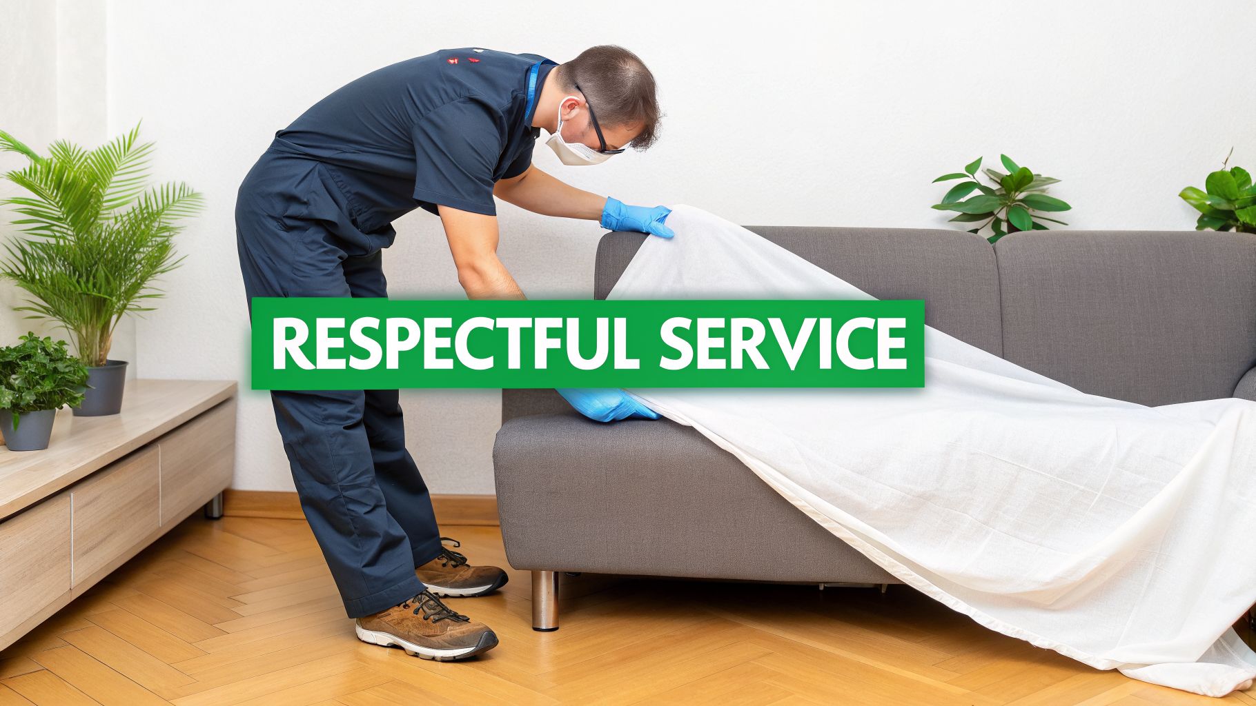 A cleaner in a mask and gloves covers a grey sofa with a white sheet, highlighting respectful service.