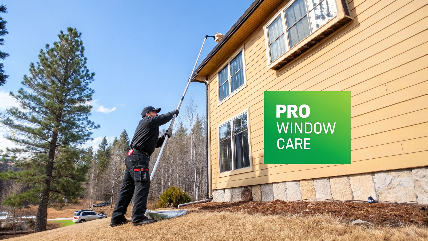 A professional using a long pole to clean high windows or gutters on a yellow two-story house.