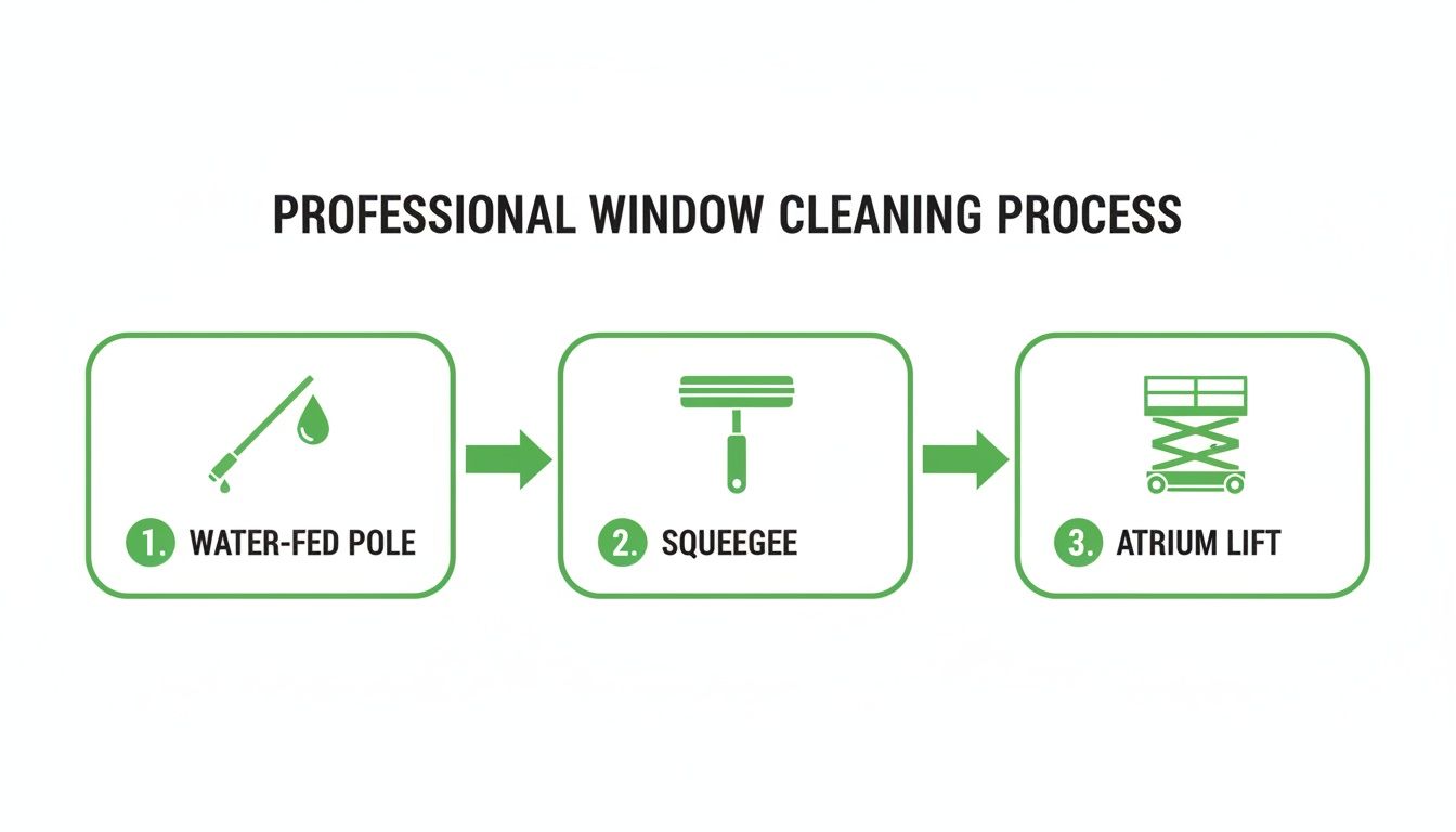 Diagram illustrating the professional window cleaning process: water-fed pole, squeegee, and atrium lift.