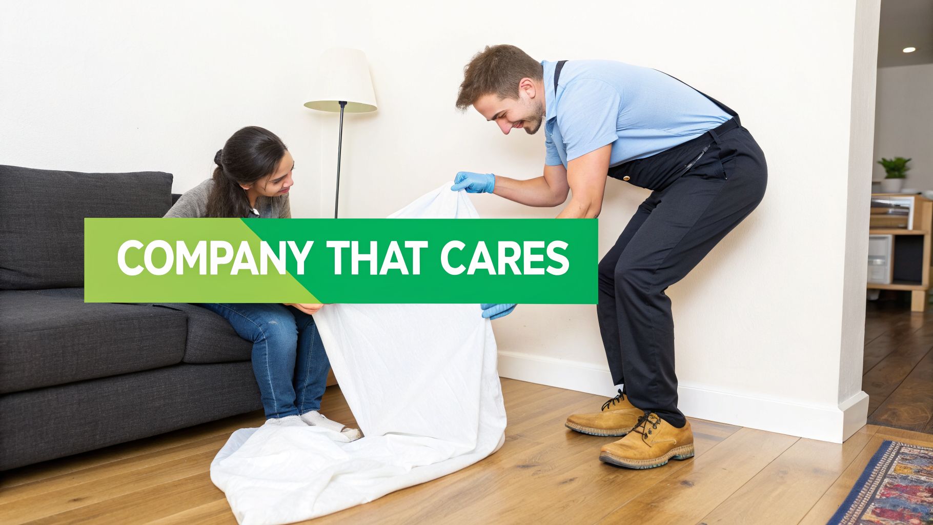 A male service professional and a woman collaborate to handle a large white sheet in a home setting.