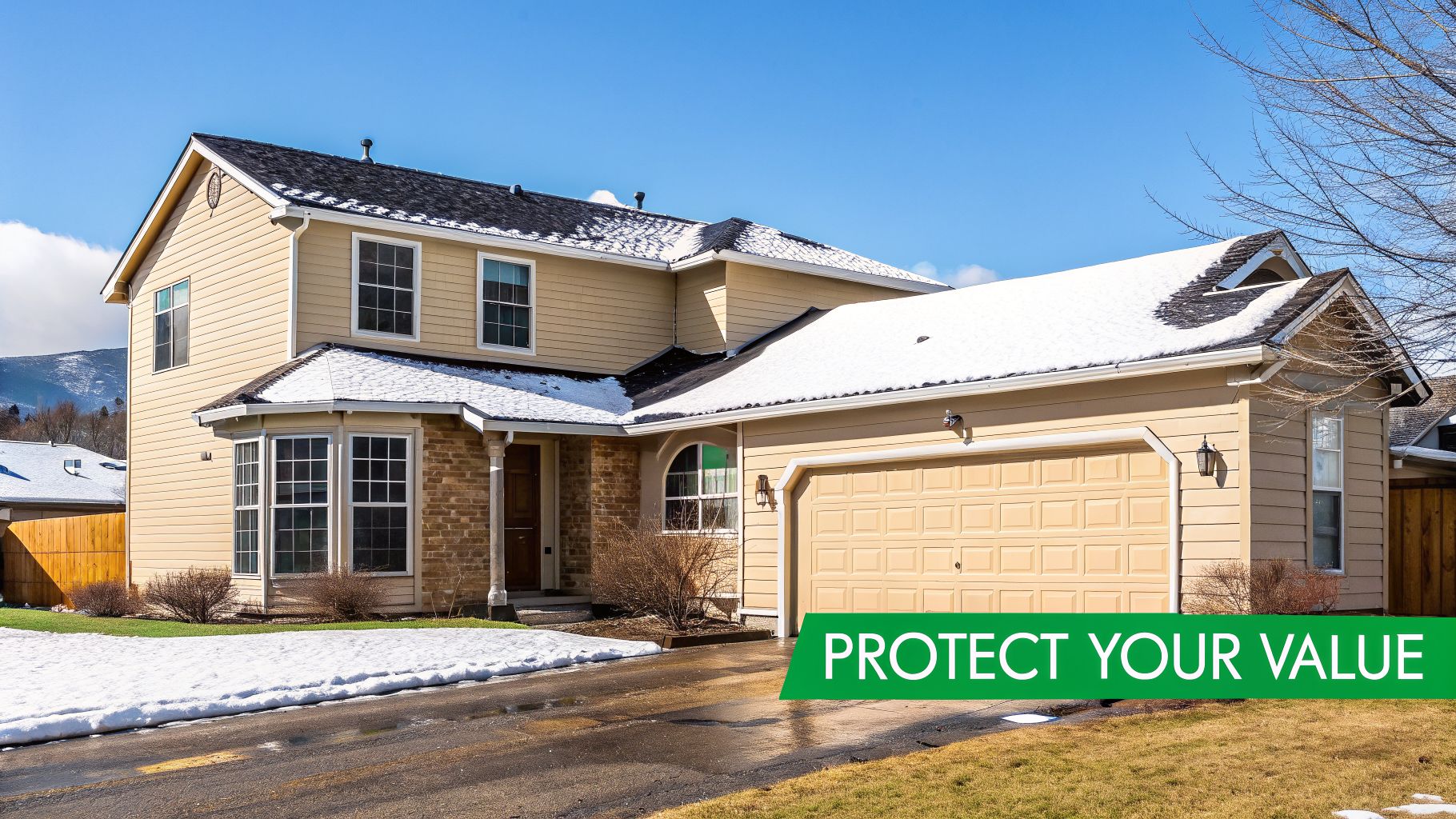 A two-story suburban house with light yellow siding and a snow-covered roof and yard.