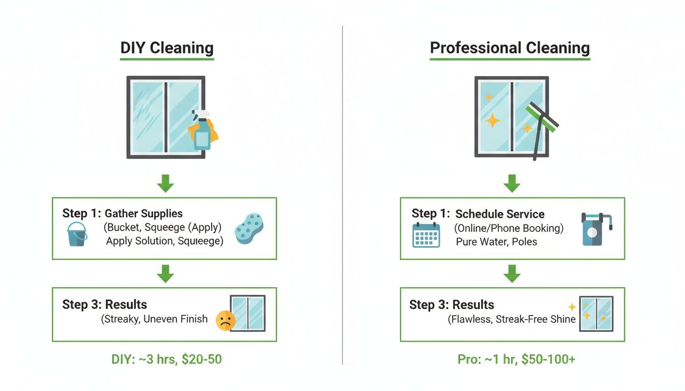 Infographic comparing DIY window cleaning process and results with professional window cleaning services.