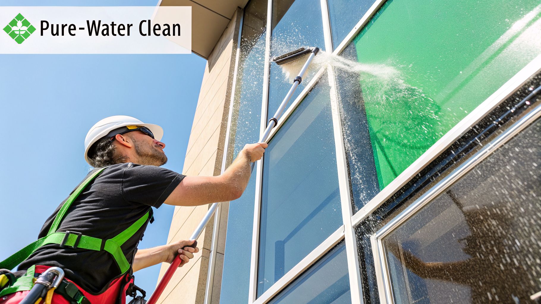 A professional window cleaner using a long pole with a brush and water spray on a building.
