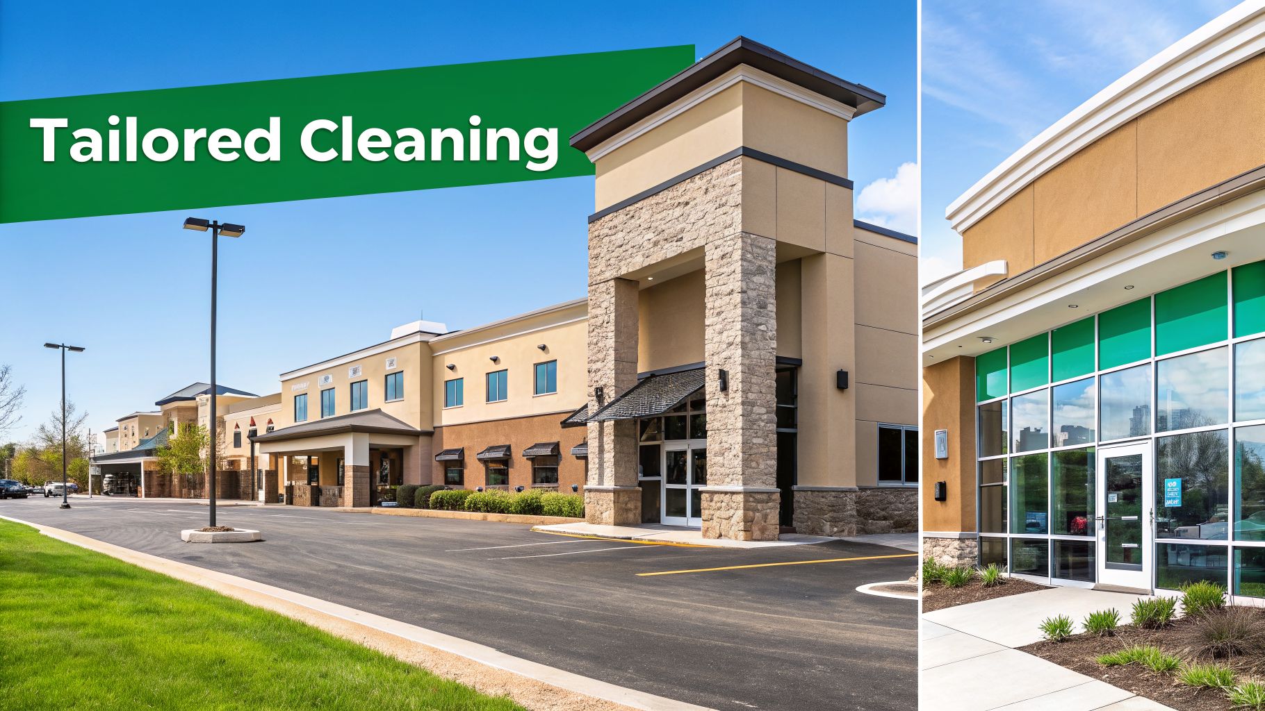 Modern commercial building exterior with a paved parking lot and a 'Tailored Cleaning' banner.