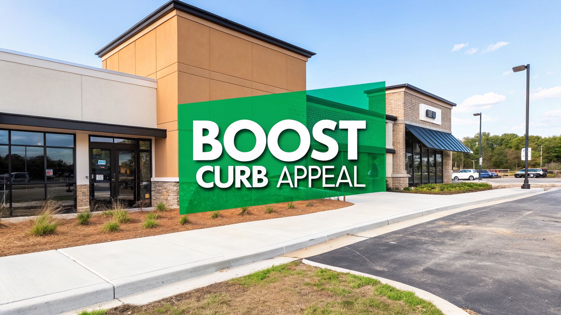 A commercial building with tan and brick sections, a clean sidewalk, and parking lot, featuring text 'BOOST CURB APPEAL'.