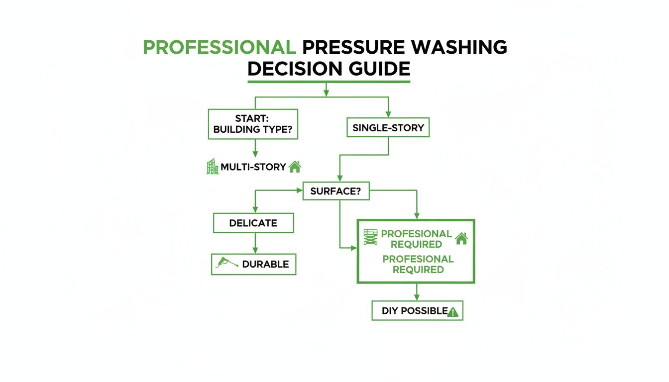 A professional pressure washing decision guide chart, evaluating building type and surface for DIY or professional service.