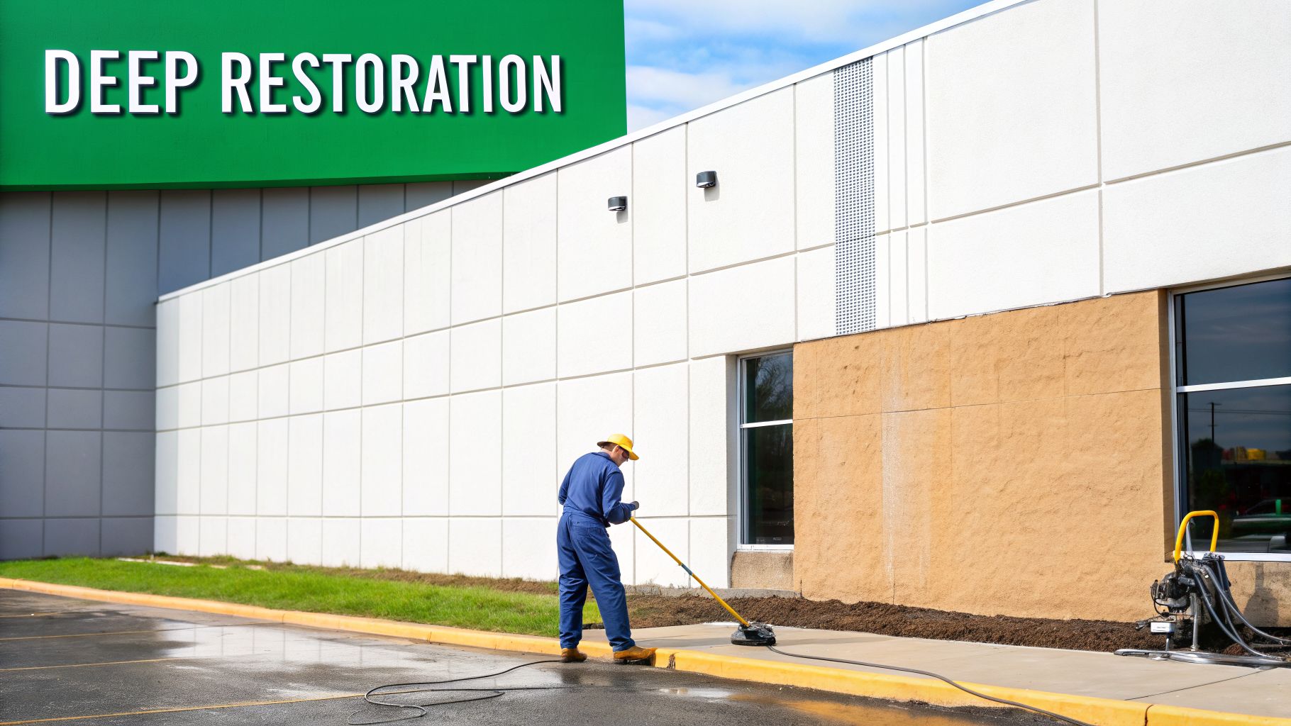 A worker in a blue uniform uses a surface cleaner to pressure wash a sidewalk outside a commercial building.