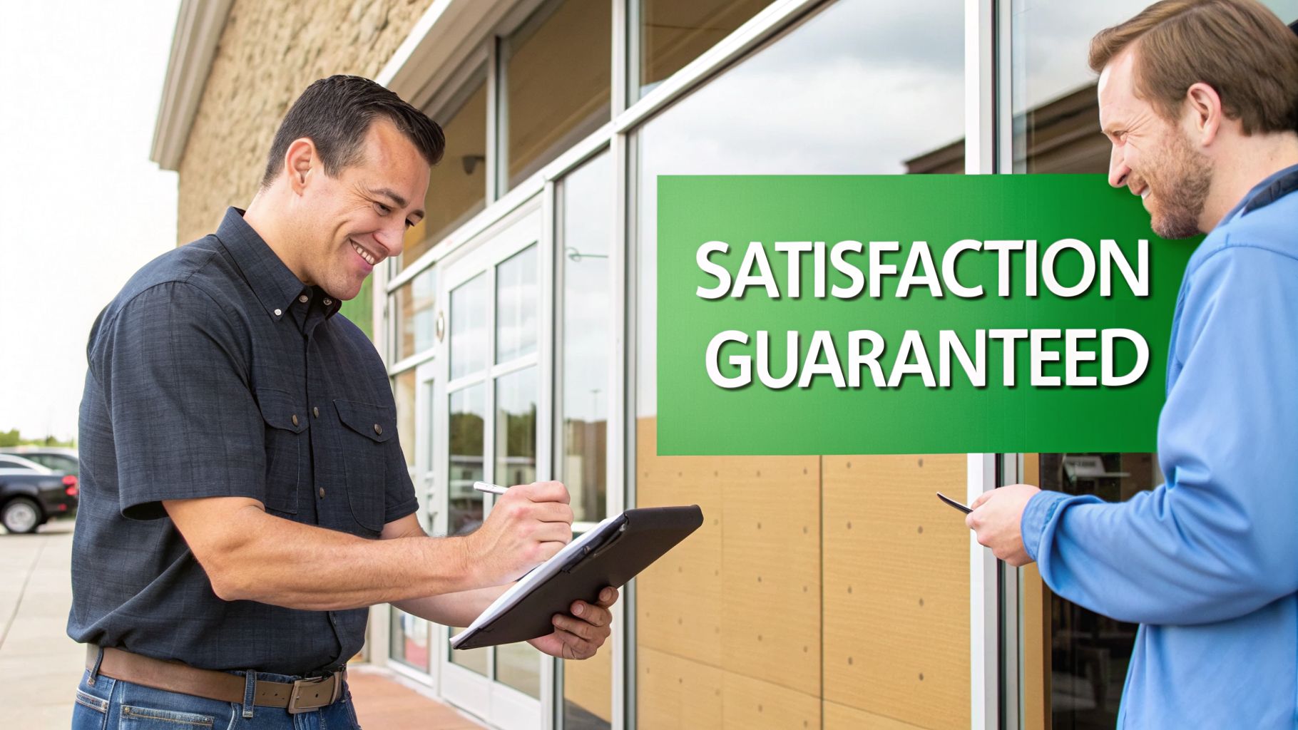 A man in a blue shirt smiles while signing a clipboard outside a commercial building with a "Satisfaction Guaranteed" sign.