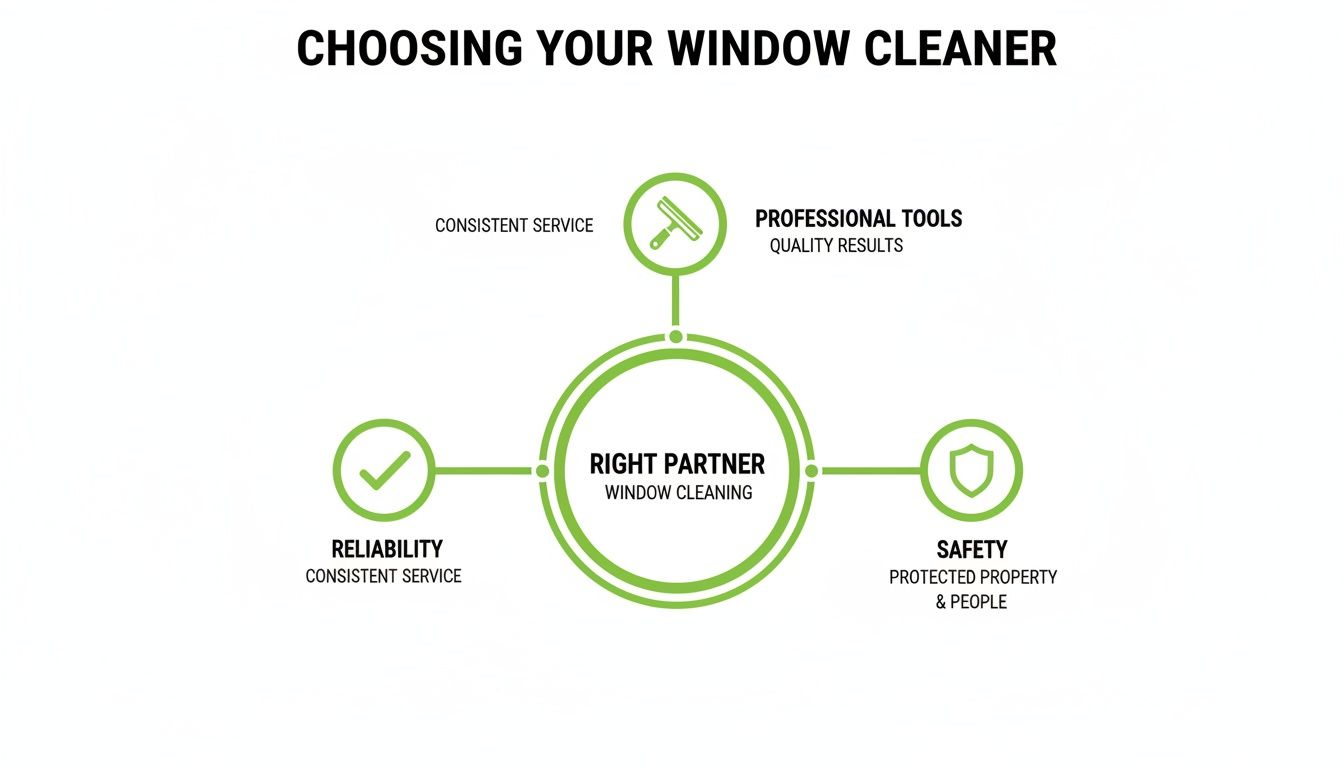 Diagram showing factors for choosing a window cleaner: professional tools, reliability, and safety.
