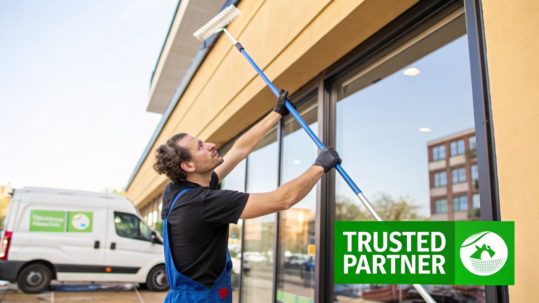 A professional window cleaner uses a long pole to clean large commercial building windows carefully.
