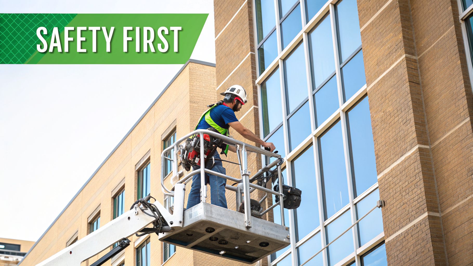 A worker in a hard hat and safety vest on a boom lift cleaning commercial building windows. Text: SAFETY FIRST.