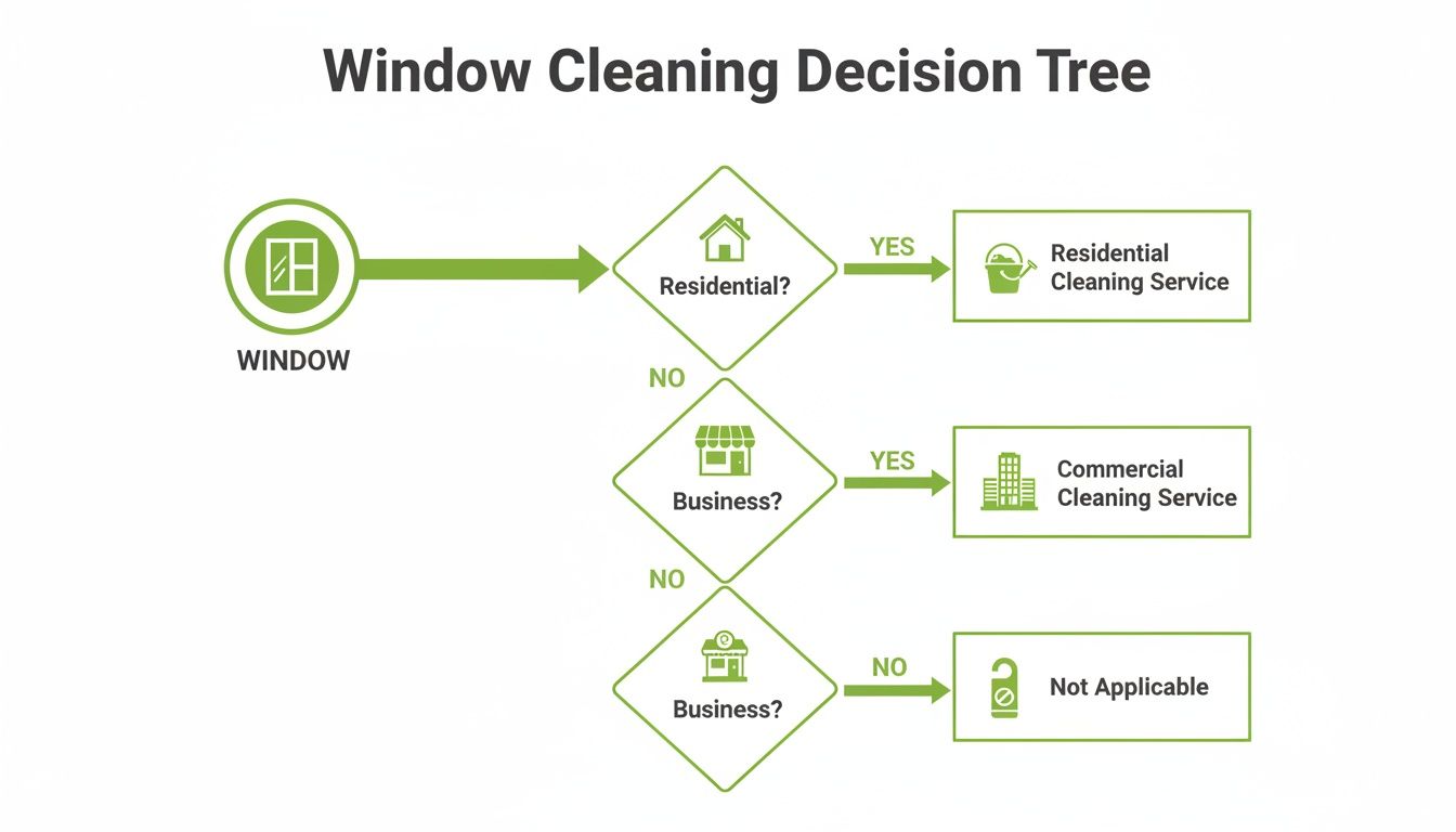 Flowchart illustrating a window cleaning decision tree for residential, commercial, or not applicable services.
