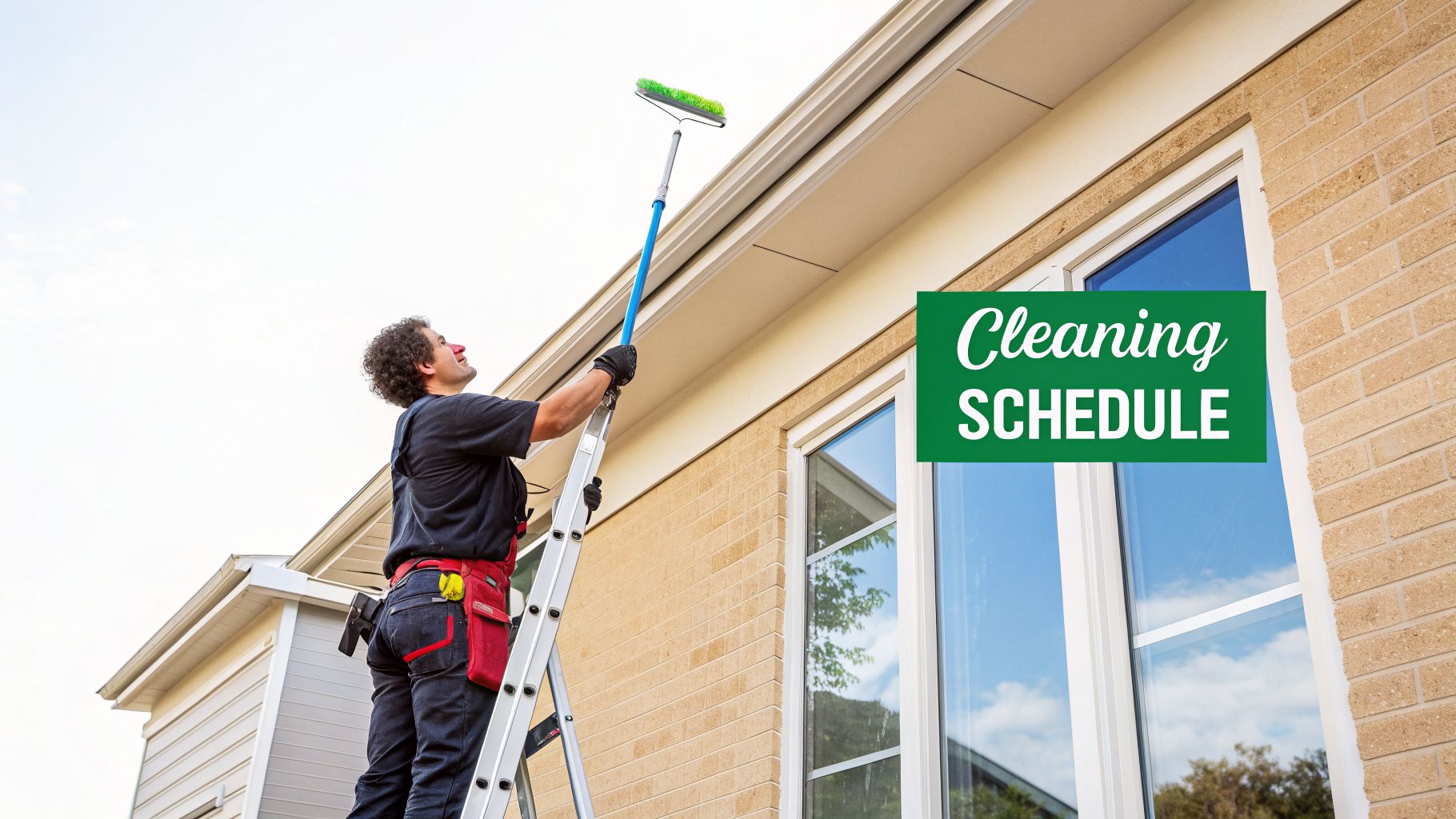 A man on a ladder uses a long-handled brush to clean the gutters or soffit of a house.