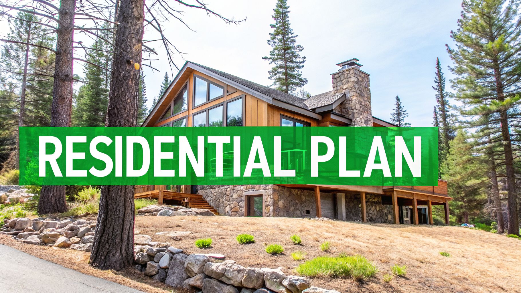 A modern residential plan house in a scenic, treed landscape with a prominent green banner.
