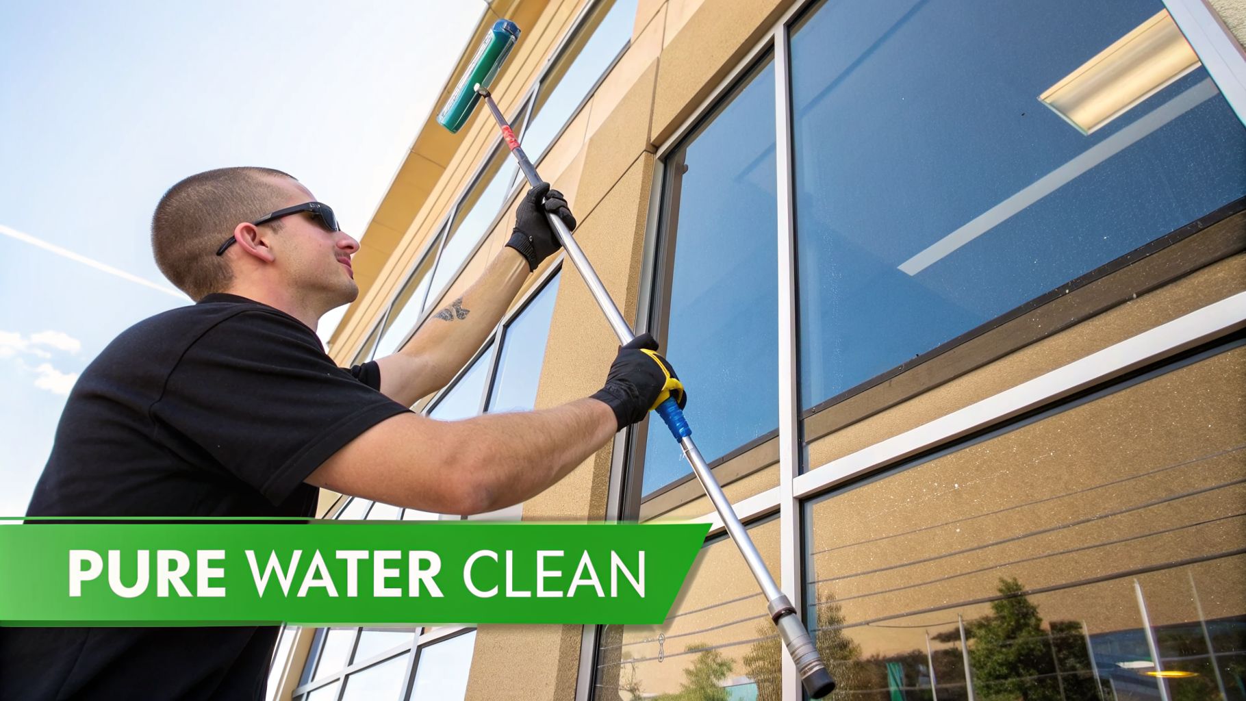 A man in sunglasses and black gloves cleans exterior building windows with a long pure water pole.