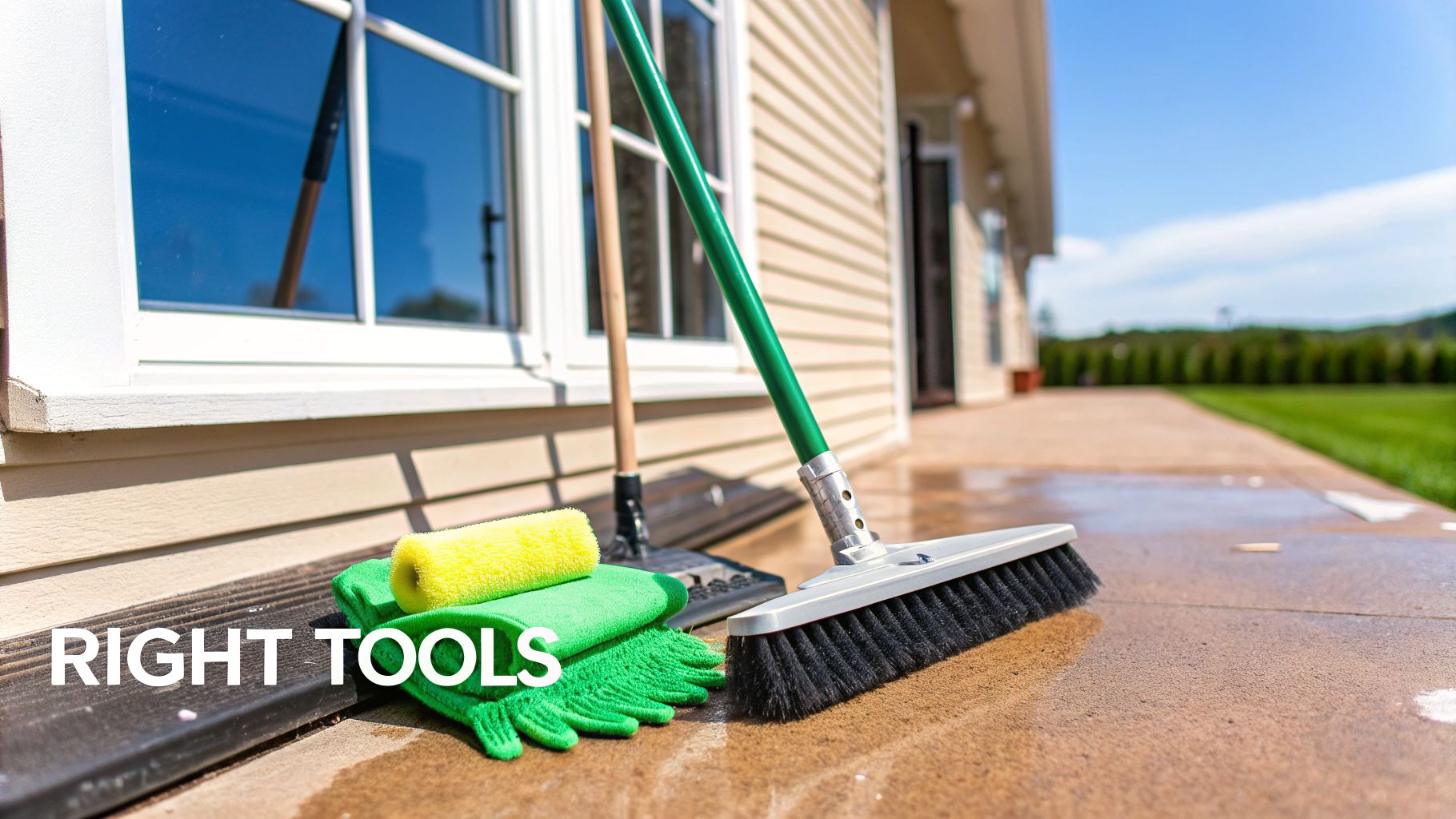 Various cleaning tools including brooms, gloves, and a roller are placed on a wet patio near a house window.