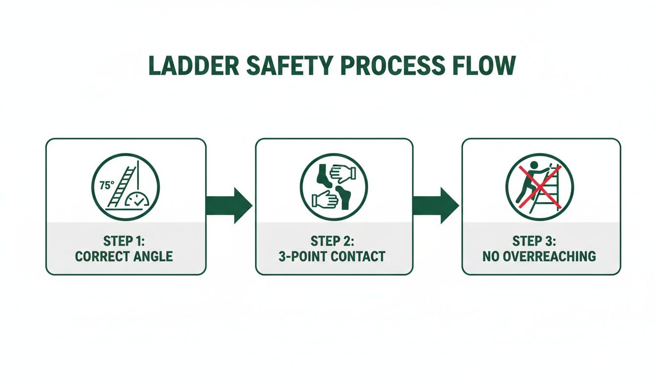 A flow chart illustrating three crucial ladder safety steps: correct angle, 3-point contact, and no overreaching.