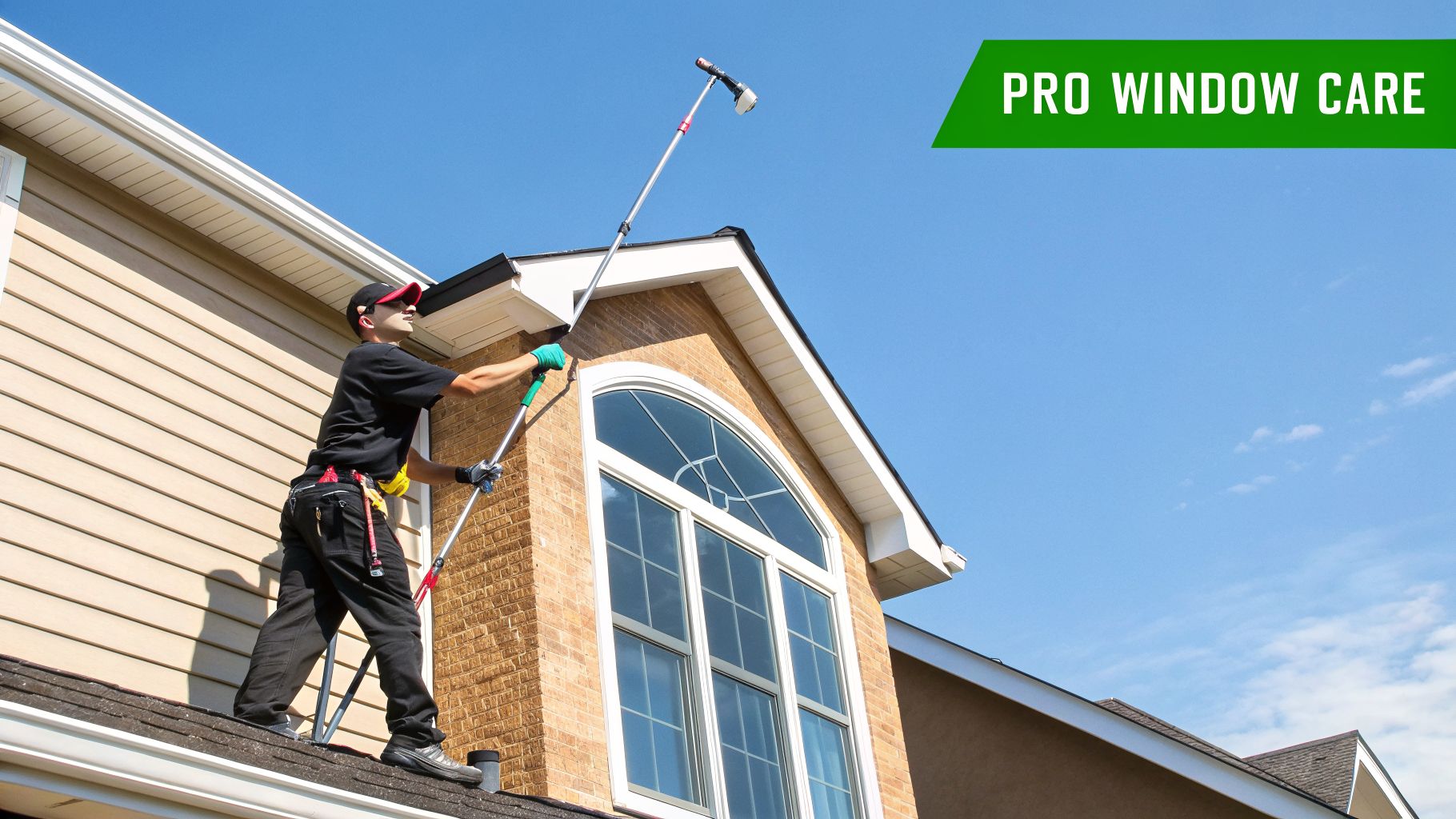A professional window cleaner on a house roof using a long pole to clean a tall arched window.