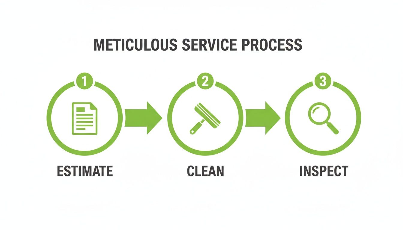 Three-step meticulous service process: estimate, clean, and inspect, showing a clear workflow.