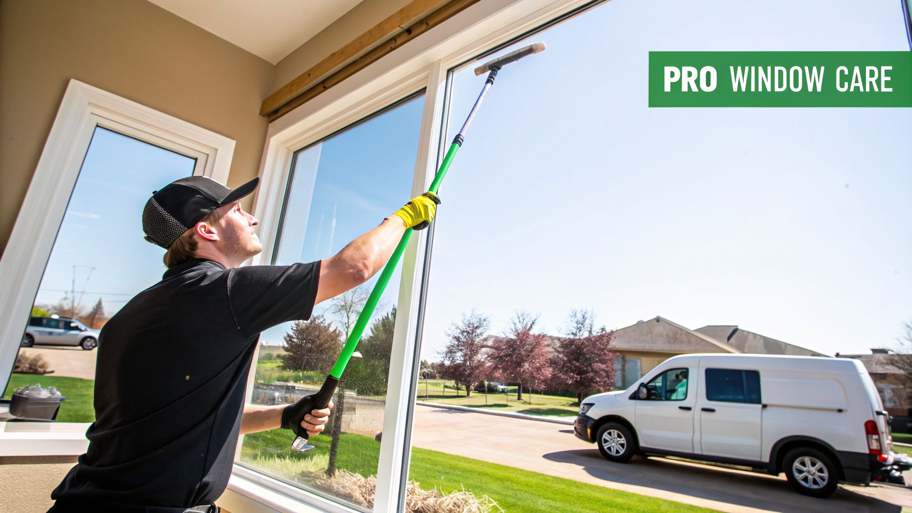 A professional window cleaner in a black shirt and cap cleans a large residential window with a long green tool.