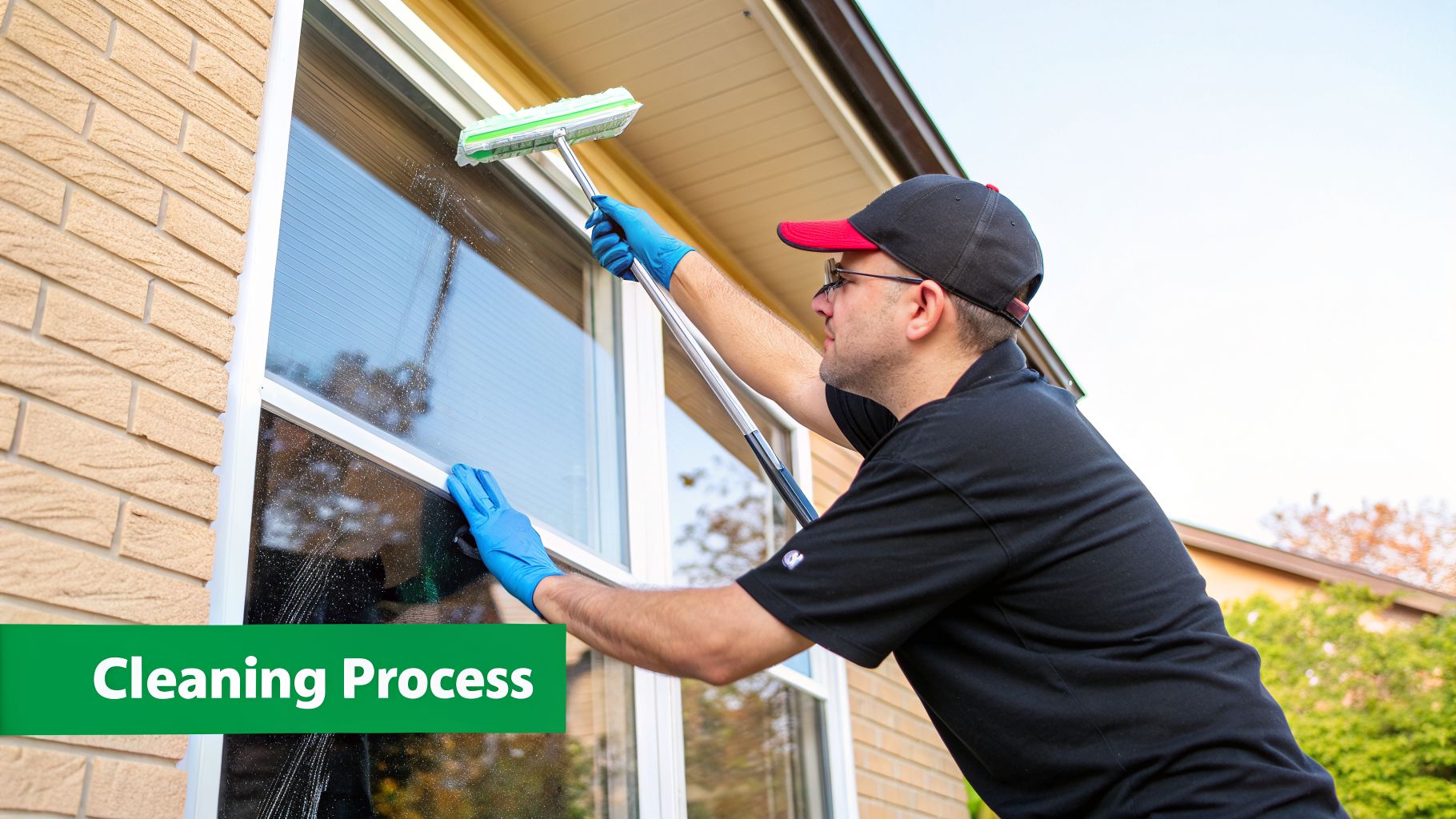 A person in blue gloves and a cap cleans a house window with a professional washing tool.