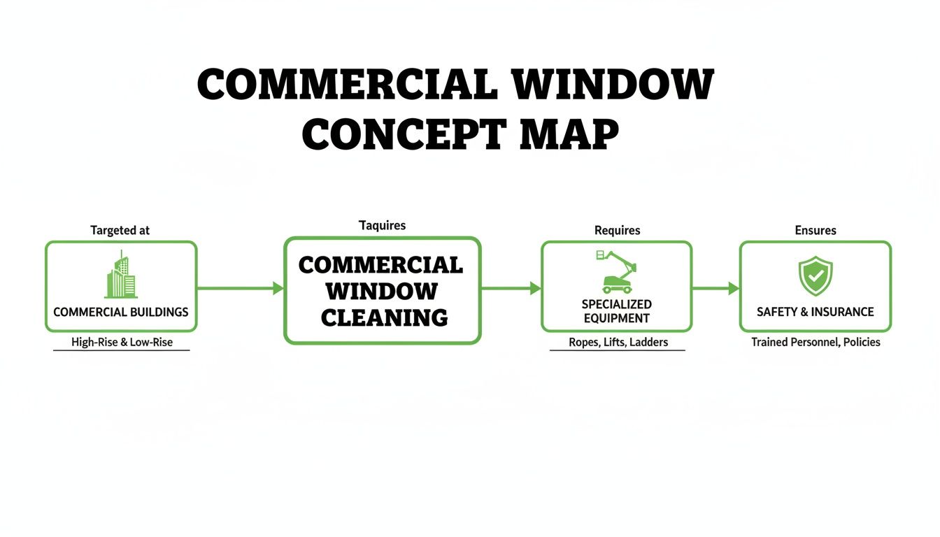 A concept map details commercial window cleaning services, showing targets, equipment, and safety.