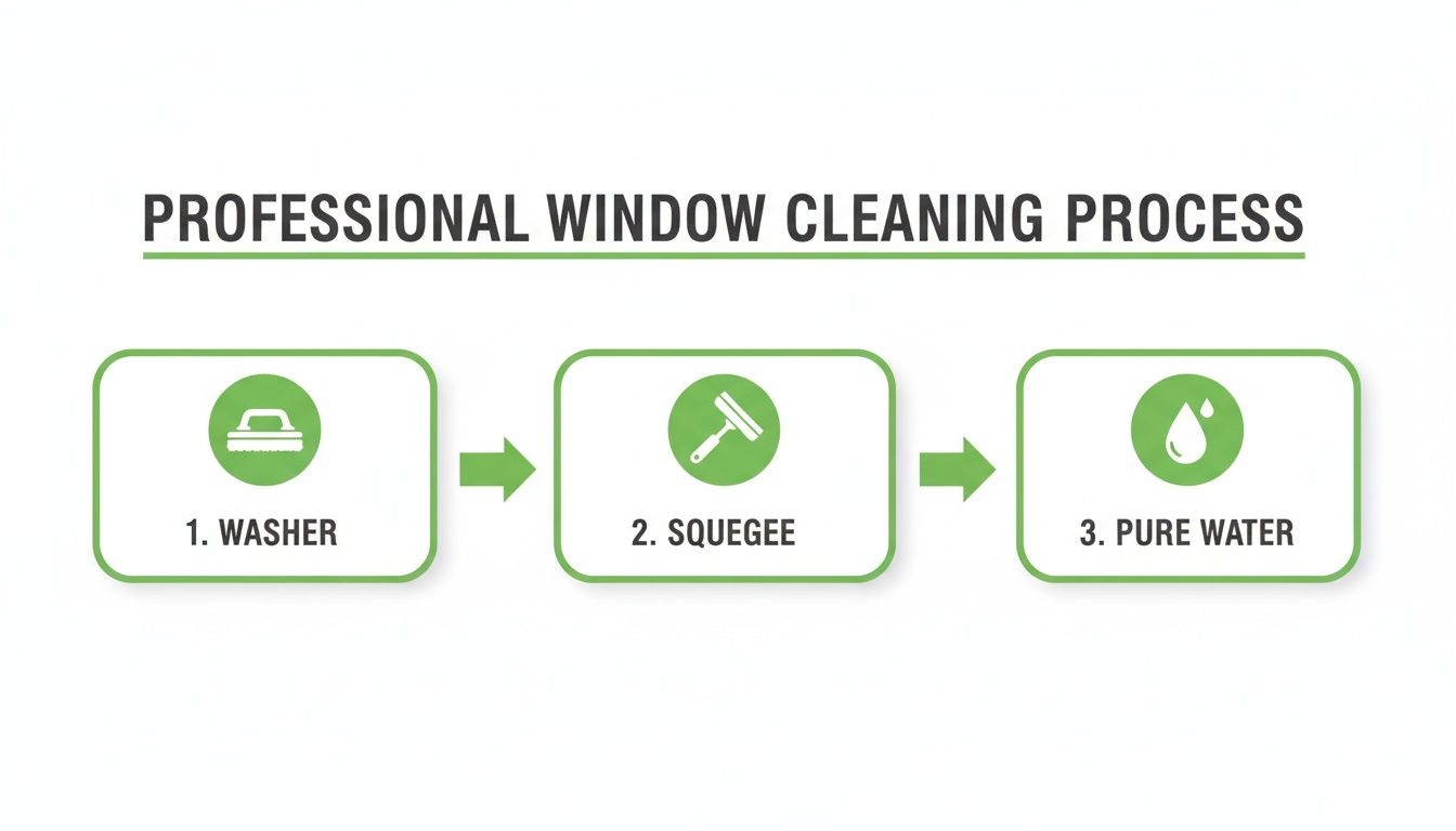 Infographic illustrating the three-step professional window cleaning process: washer, squeegee, pure water.