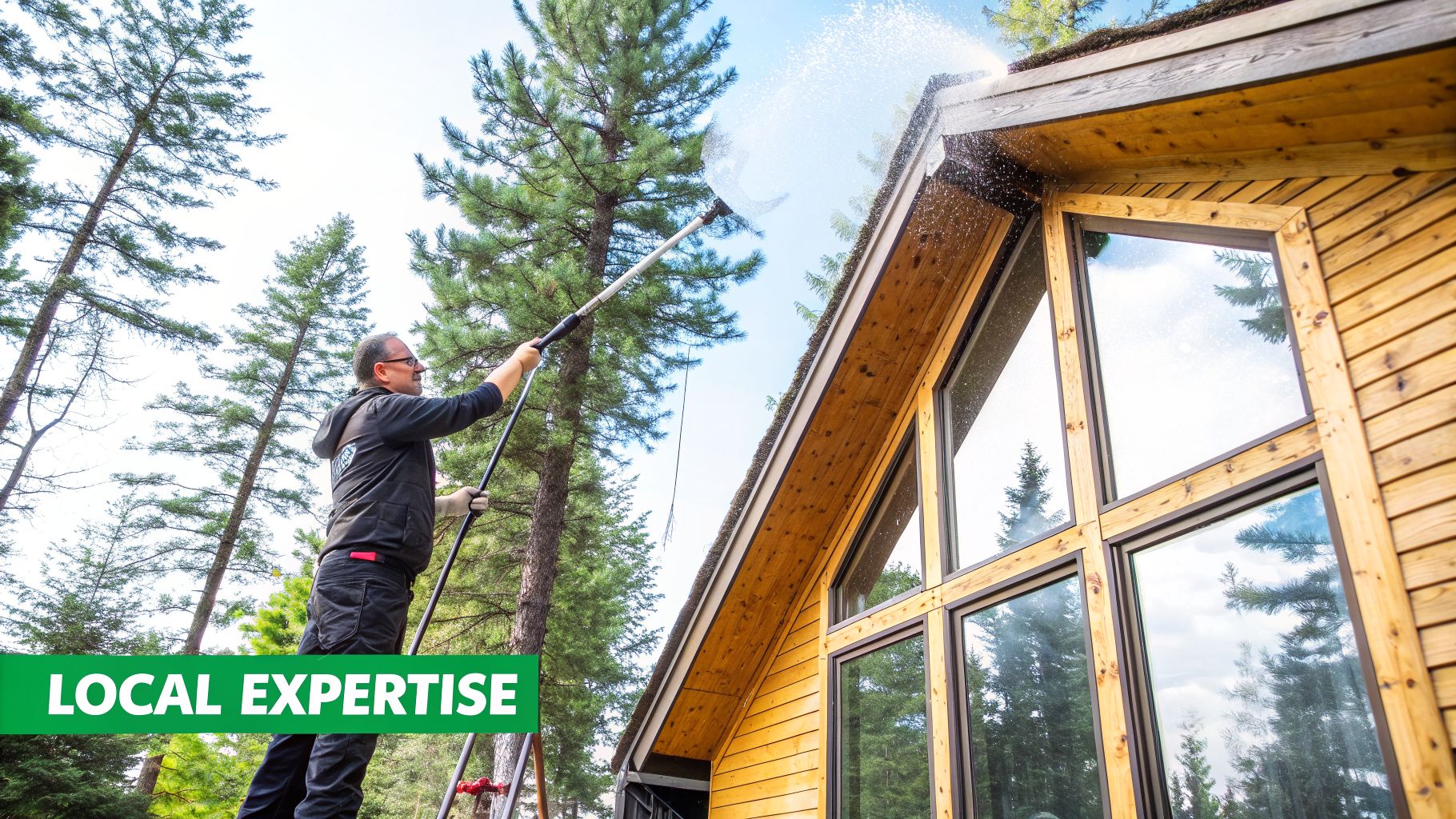 Man in work attire pressure washing the roof and siding of a wooden house with large windows.