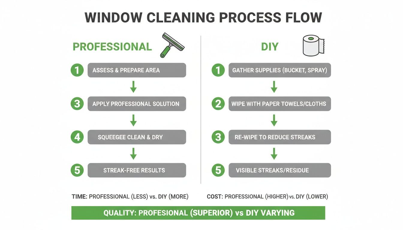 Infographic comparing professional versus DIY window cleaning processes, highlighting steps, time, cost, and quality differences.