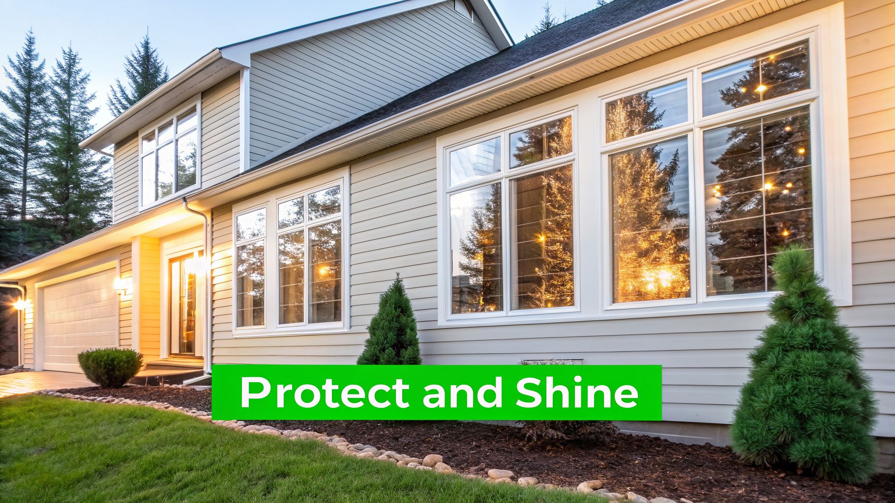 Exterior view of a modern house with large, clean windows reflecting trees and warm light, featuring a 'Protect and Shine' text overlay.