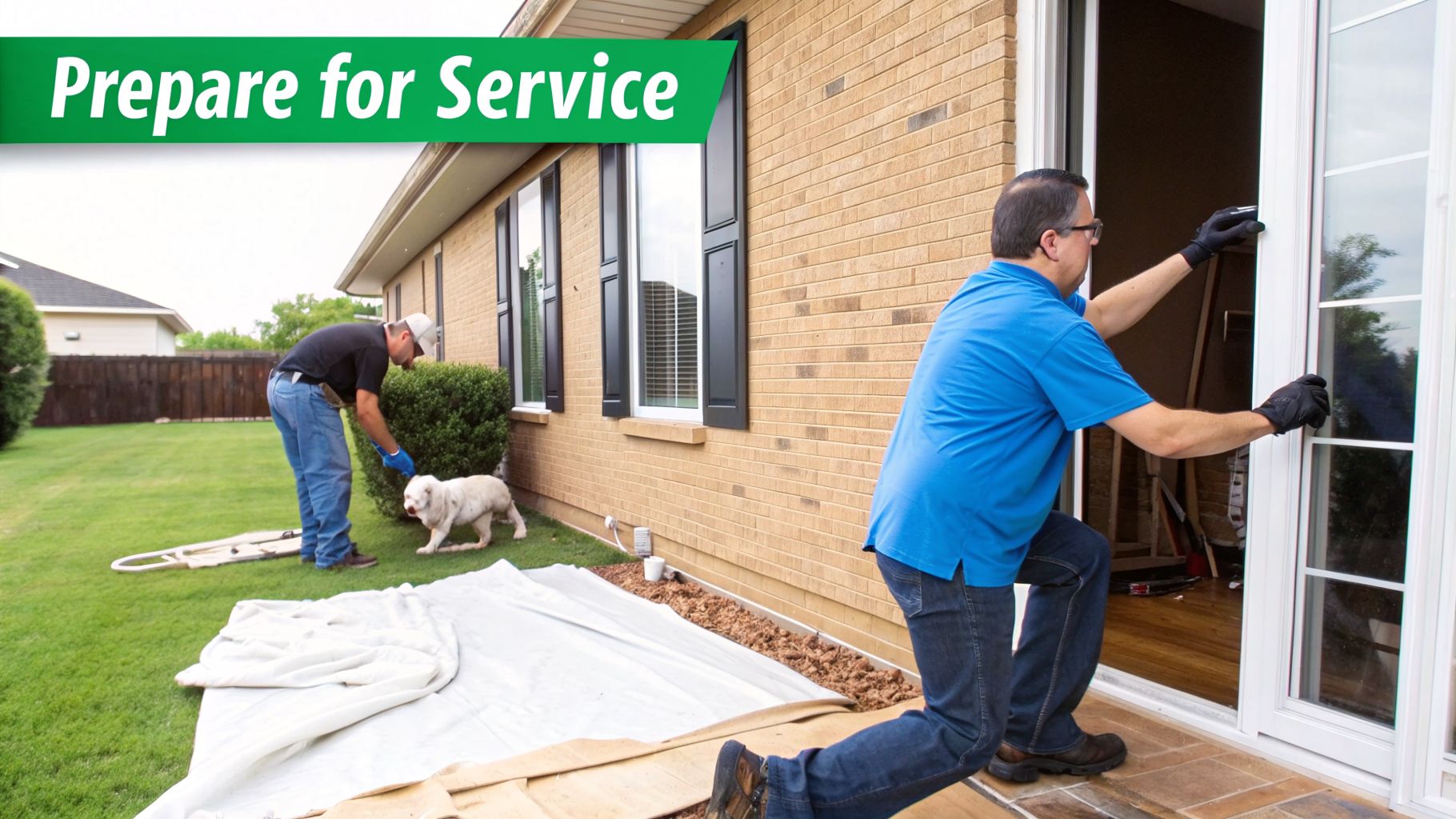 Two service technicians preparing a house for service, one adjusting a patio door, the other working in the yard with a dog.