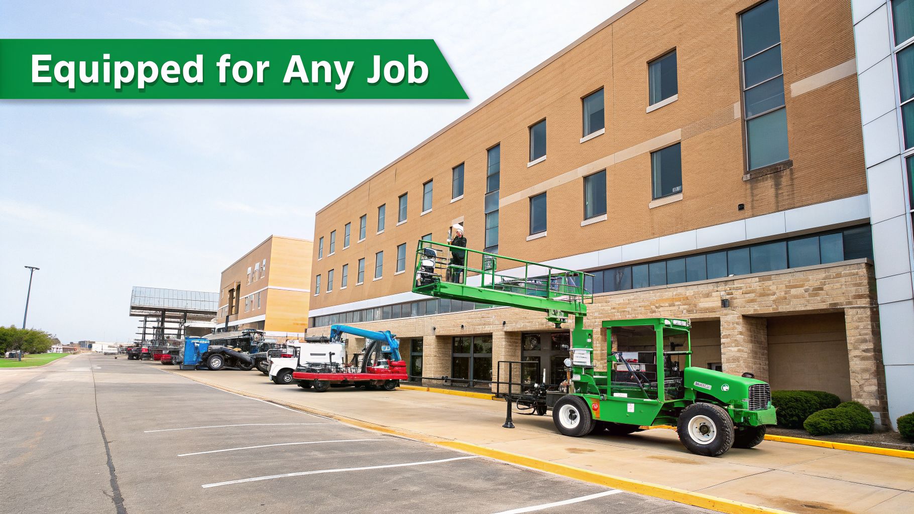 A person in a green boom lift performing maintenance on a multi-story building's windows.