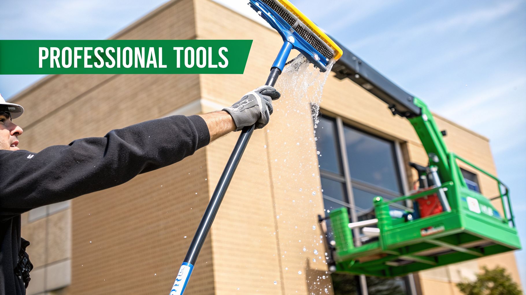 Professional window cleaner using a water-fed pole and scrubbing tool on a building with a lift.