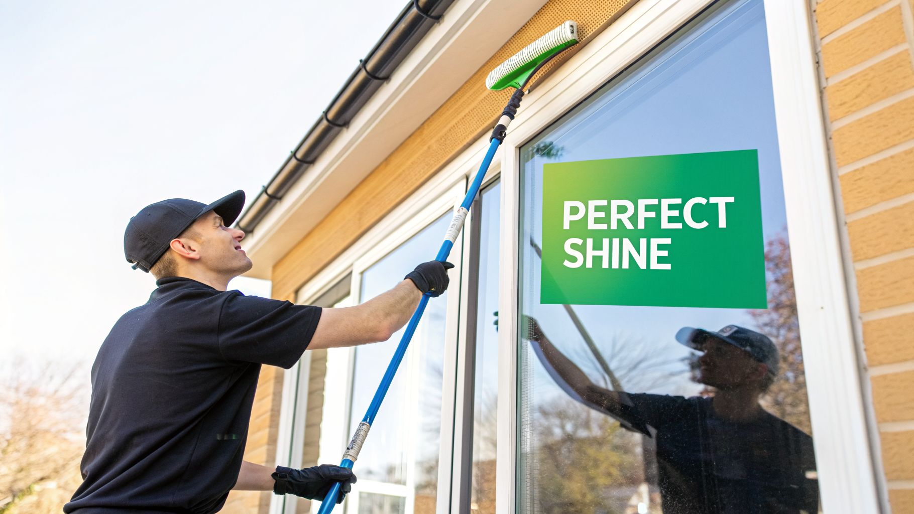 A professional window cleaner, wearing a black cap, uses a long pole to clean a residential window.