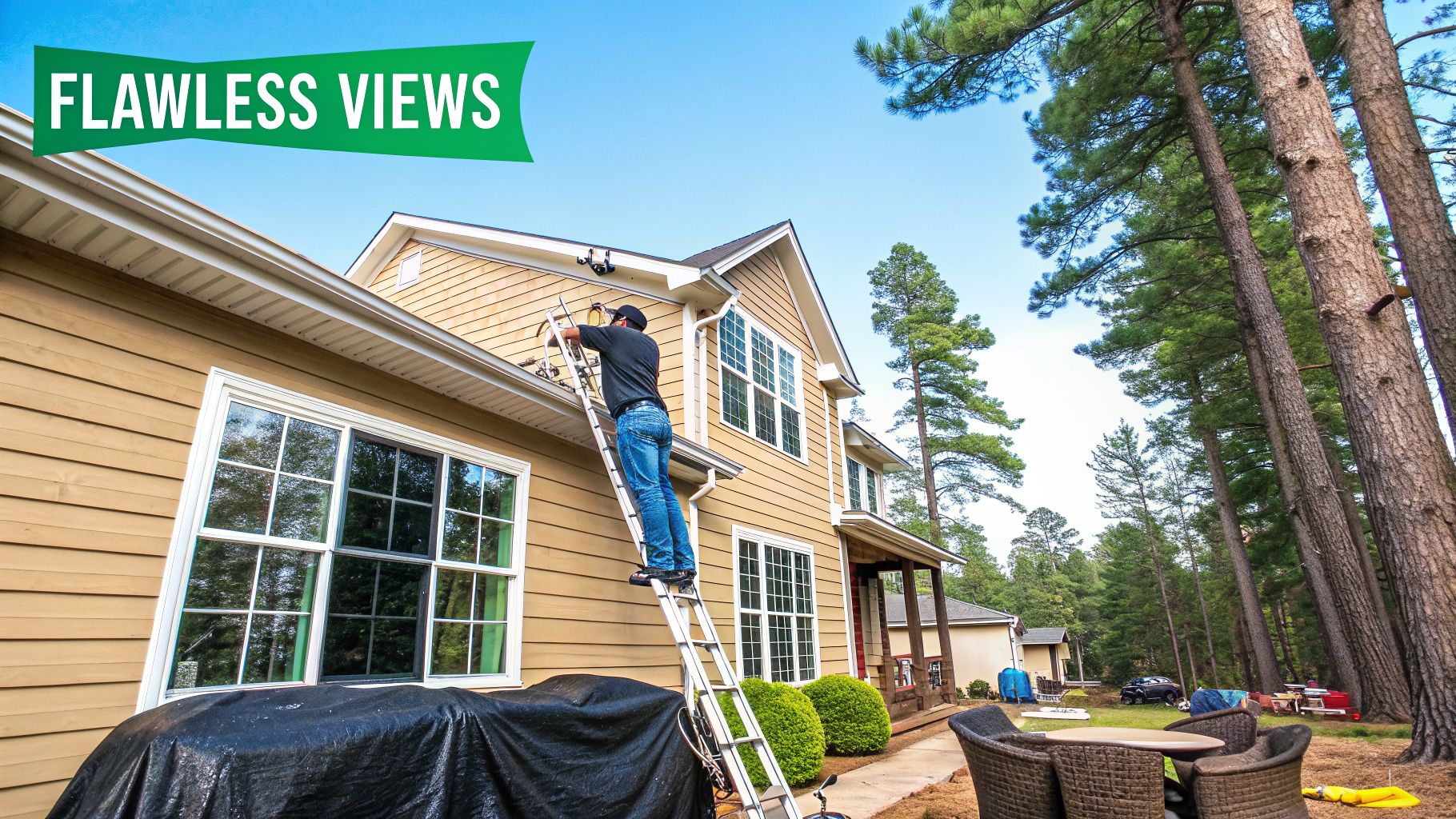 A man on a ladder working on the exterior of a tan house with white windows.