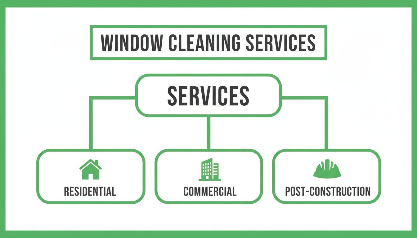 Flowchart showing window cleaning services: residential, commercial, and post-construction.