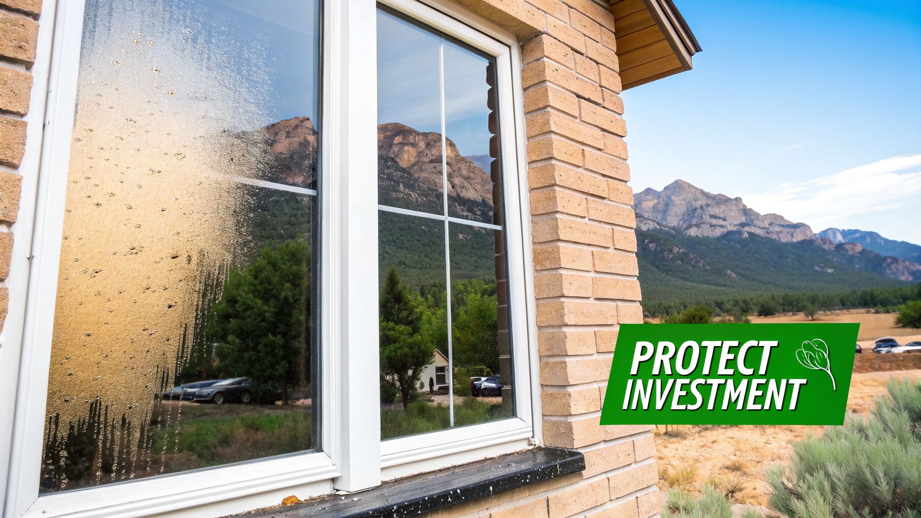 Close-up of a house window, one pane shows dirt and water spots, a reflection of mountains in the other.