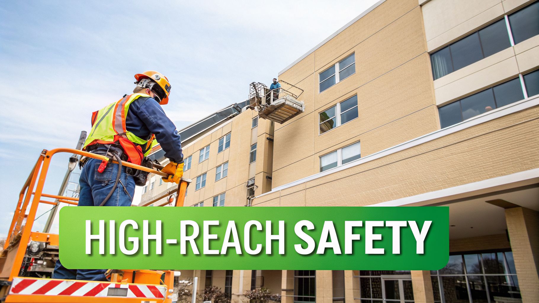 Two construction workers in safety gear using elevated work platforms for high-reach building maintenance.