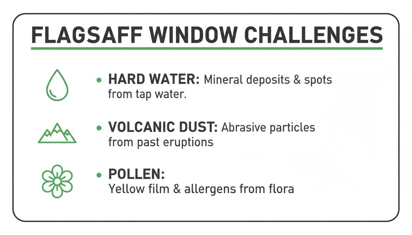 An infographic detailing Flagstaff window challenges including hard water, volcanic dust, and pollen with descriptions.