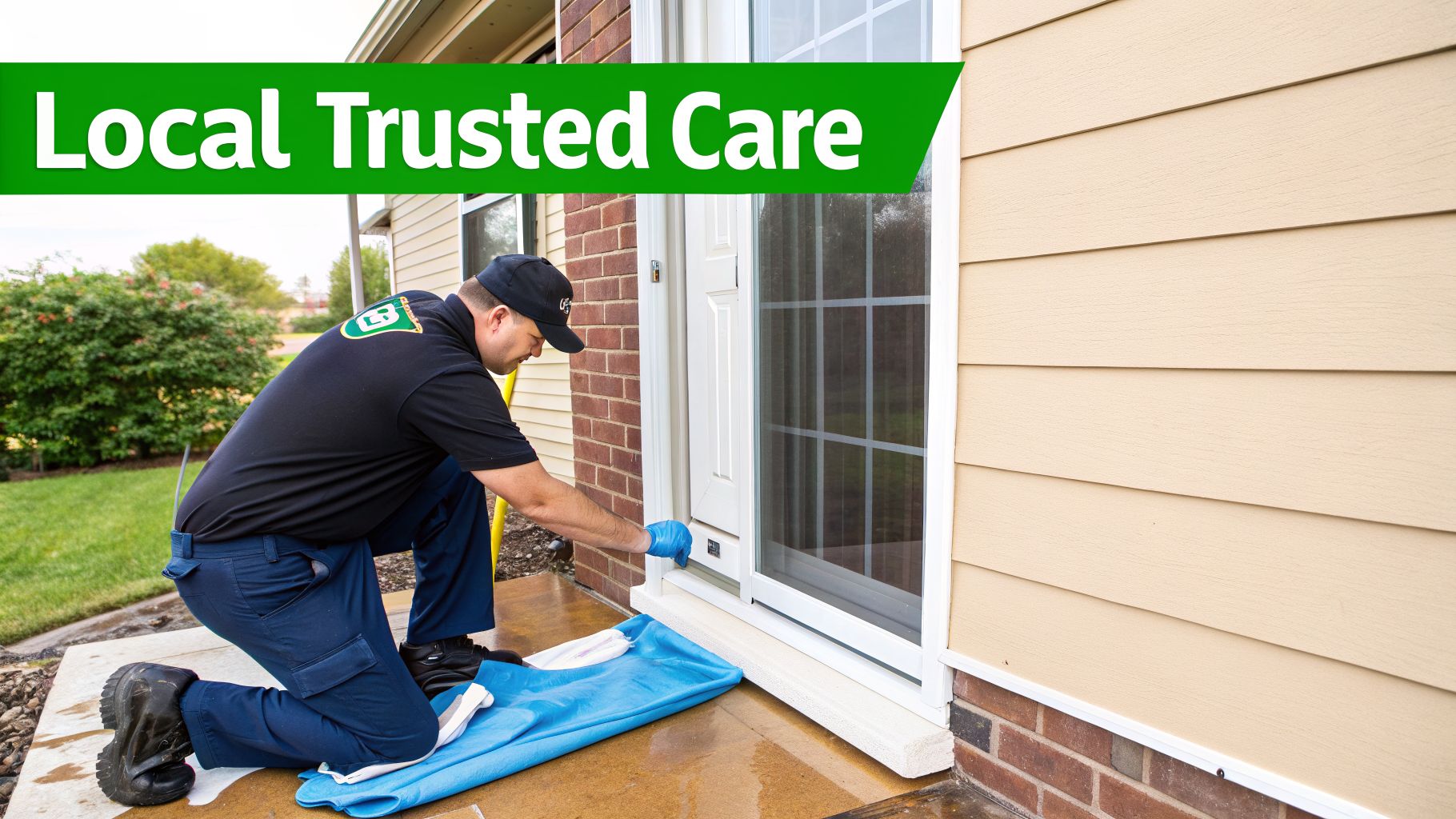 Professional technician in blue gloves carefully cleaning a sliding window track at a residential home.