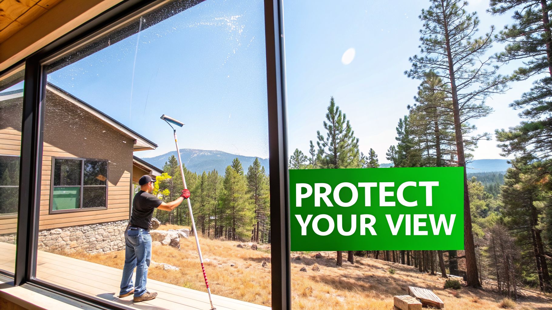 A person cleaning large windows of a modern home, offering a clear view of a forest and mountains.