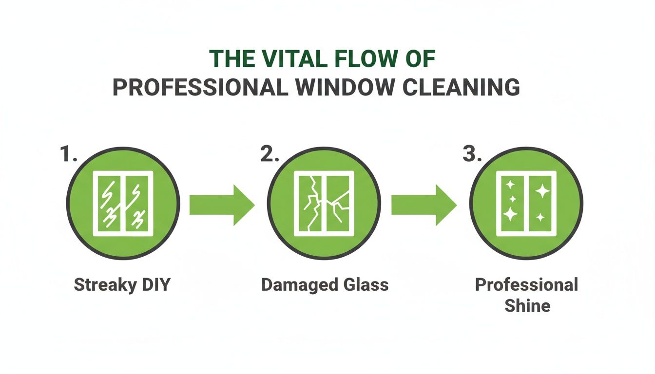 Flowchart: Streaky DIY window cleaning leads to damaged glass, highlighting the need for professional service.