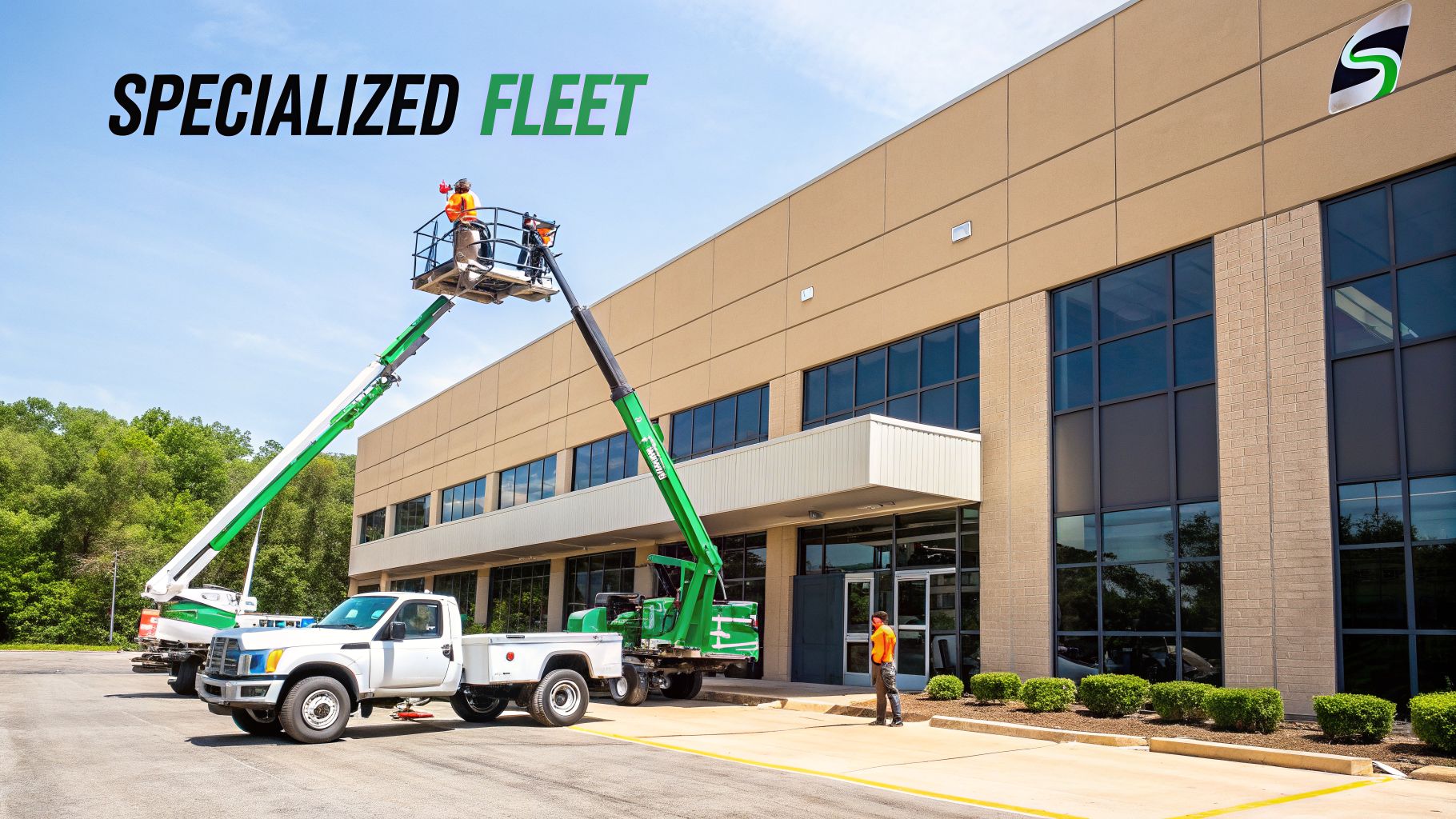 A specialized fleet of boom lifts with workers performing window cleaning on a modern office building.
