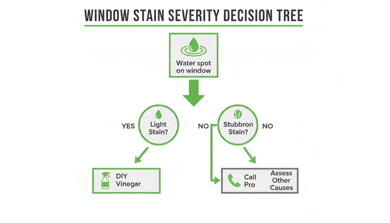 A decision tree flowchart guiding users on how to address window water spots based on their severity.