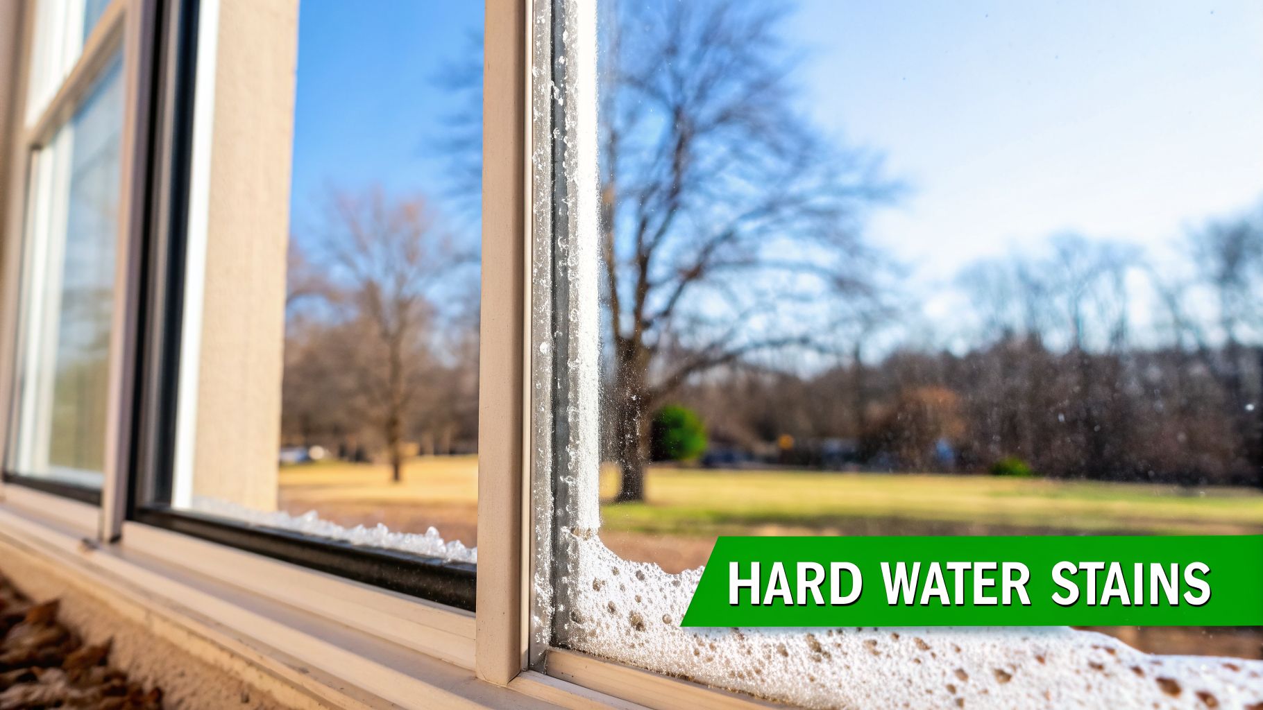 Close-up of a window covered in white hard water mineral deposits and soap residue.