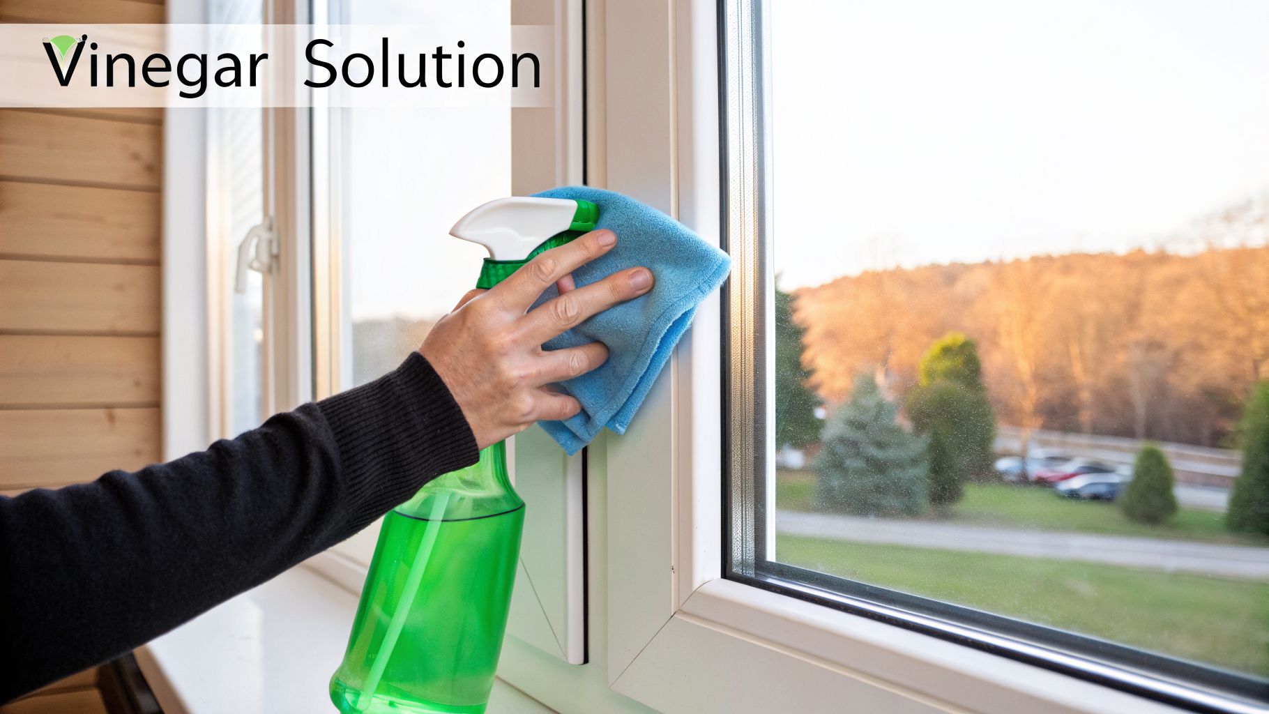 A hand uses a vinegar solution spray bottle and a blue cloth to clean a dirty window.