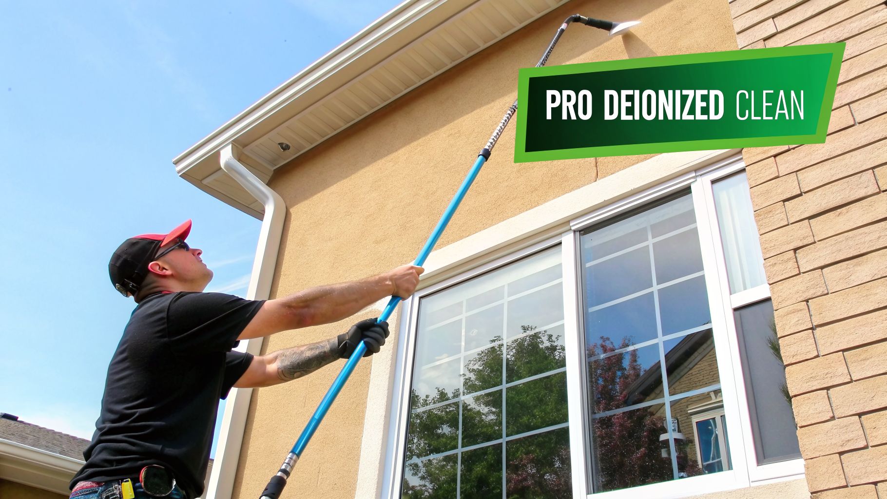 A professional window cleaner uses a long pole with a brush to clean a house exterior, advertising "PRO DEIONIZED CLEAN".