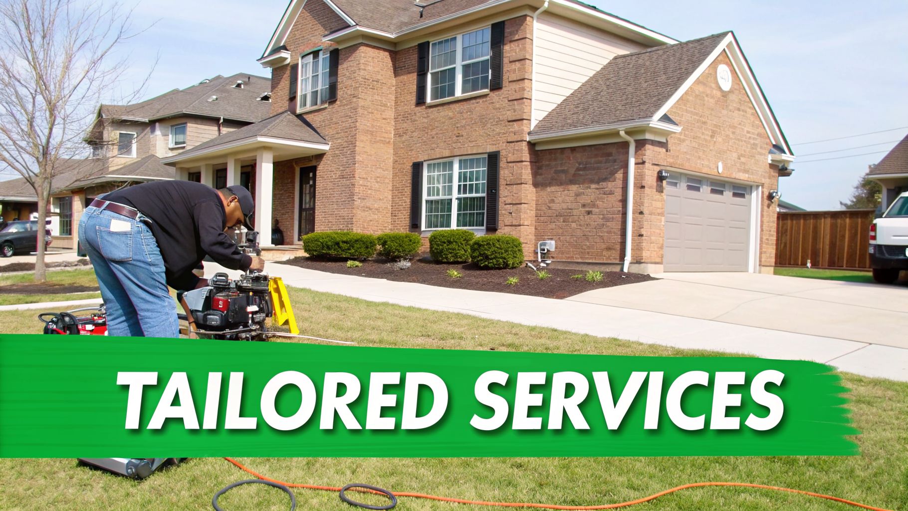 A man in jeans and a black shirt works on a piece of cleaning equipment in front of a brick house.
