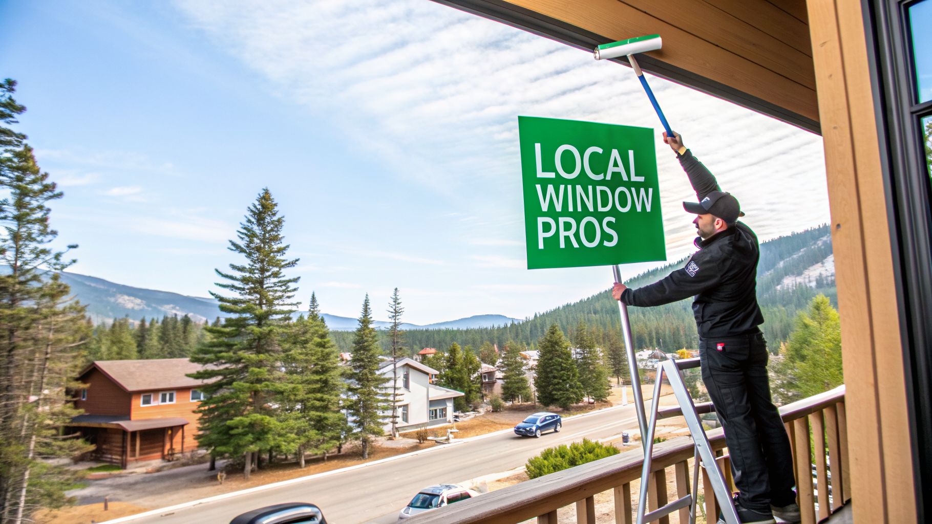 Professional window cleaner on a ladder holding a sign and cleaning a window with a long pole.