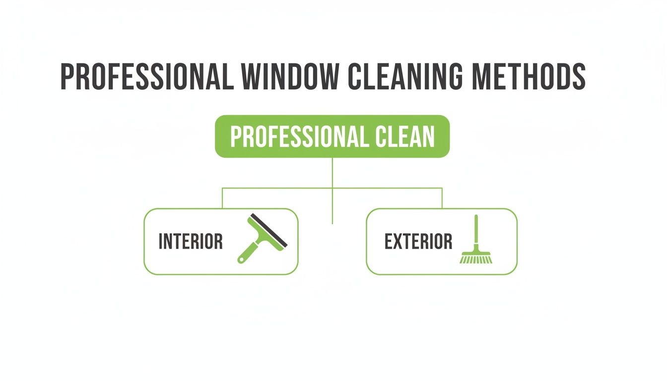 Diagram illustrating professional window cleaning methods, dividing into interior with squeegee and exterior with brush.